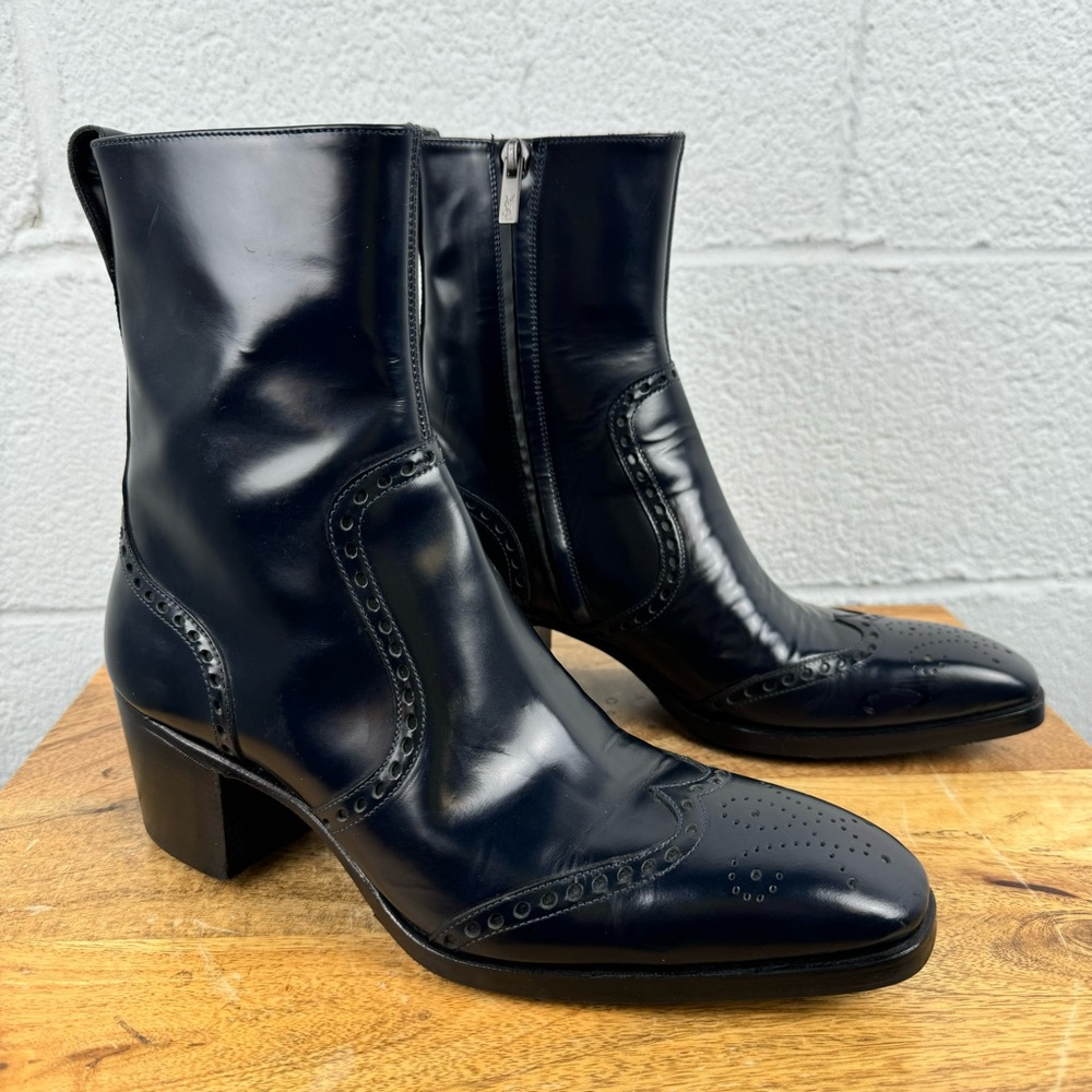 Saint Laurent Jonny 65 Brogue Leather Ankle Boots – Size 39 (Midnight Navy)